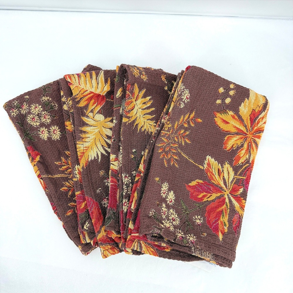 April Cornell Tea Towels SET of 4 Brown Waffle Floral Fall Autumn Thanksgiving